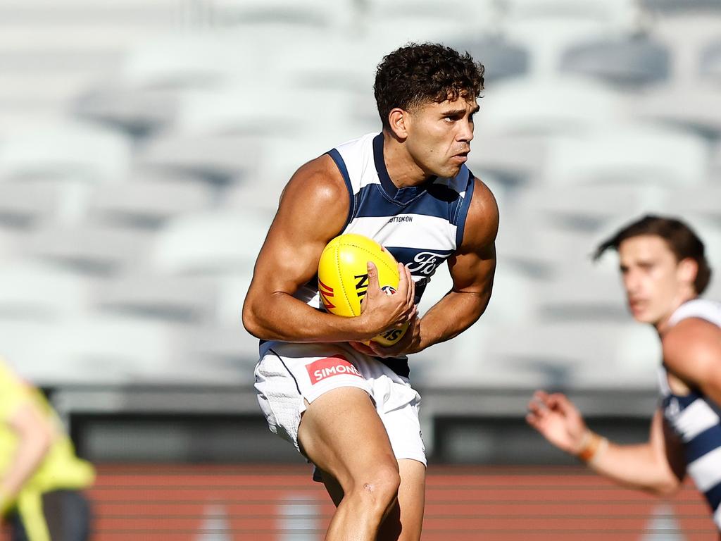 Tyson Stengle takes a mark against Essendon. Picture: Michael Willson/AFL Photos via Getty Images