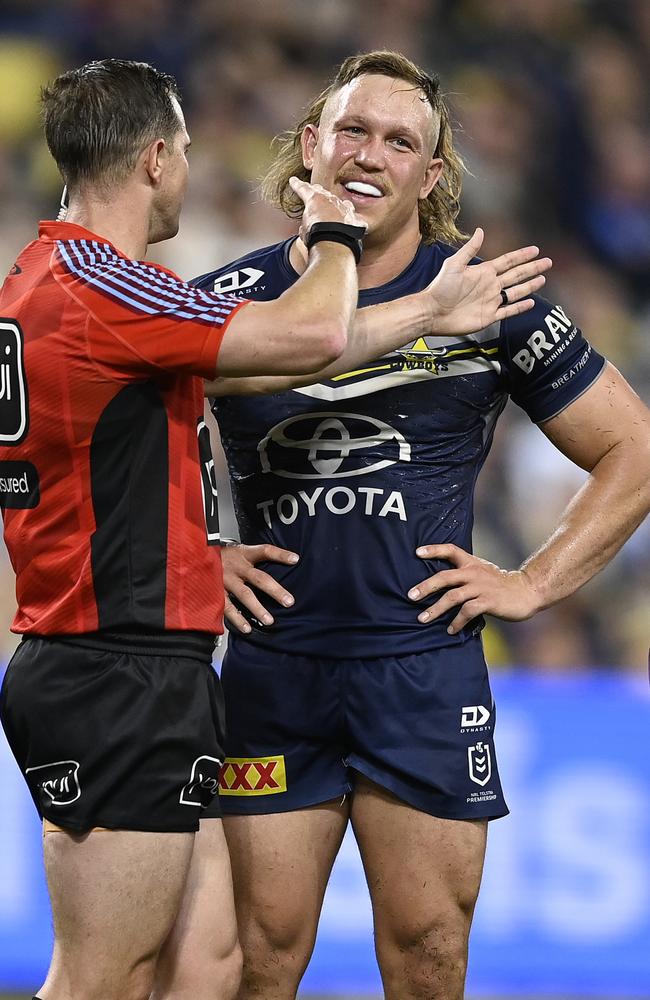 TOWNSVILLE, AUSTRALIA - AUGUST 29: Reuben Cotter of the Cowboys reacts after giving away a penalty during the round 26 NRL match between North Queensland Cowboys and Melbourne Storm at Qld Country Bank Stadium, on August 29, 2024, in Townsville, Australia. (Photo by Ian Hitchcock/Getty Images)