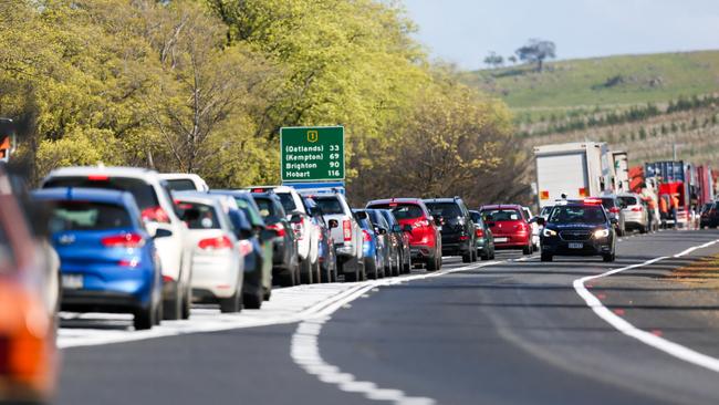 Traffic backed up on the Midland Highway near Ross after a fatal car crash involving multiple cars and victims. Picture: PATRICK GEE