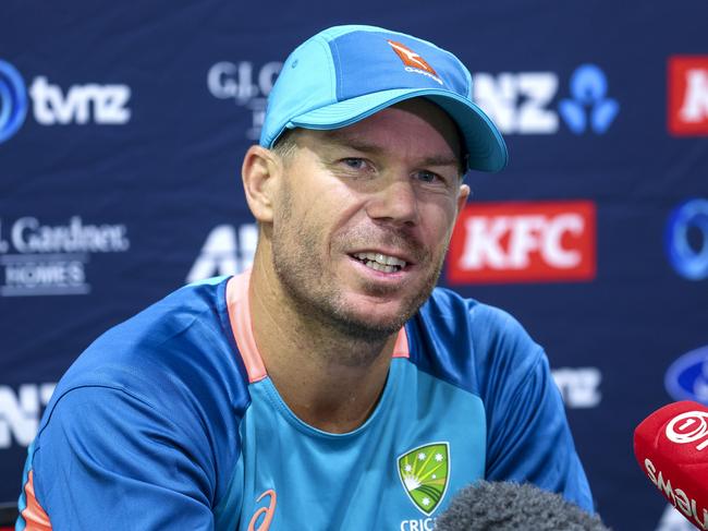 WELLINGTON, NEW ZEALAND - FEBRUARY 19: David Warner of Australia speaks to media during an Australia training session ahead of the Men's T20 International series between New Zealand and Australia at Basin Reserve on February 19, 2024 in Wellington, New Zealand. (Photo by Hagen Hopkins/Getty Images)