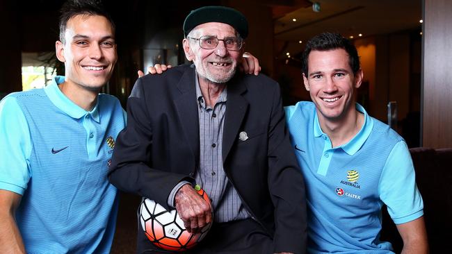 The forgotten Socceroo — Steve Herczeg — SA's first World Cup Socceroo with current players Trent Sainsbury and Ryan McGowan. Photo Sarah Reed.