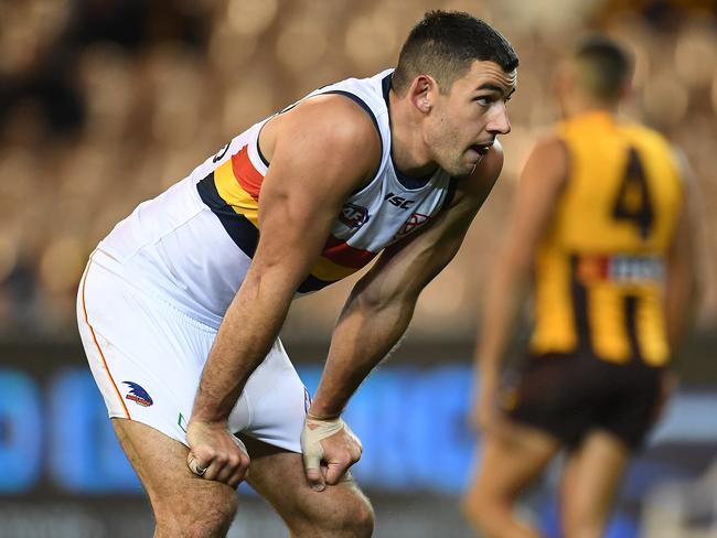 Taylor Walker of the Crows reacts during the Round 13 AFL match between the Hawthorn Hawks and the Adelaide Crows at the MCG in Melbourne, Saturday, June 16, 2018. (AAP Image/Julian Smith) NO ARCHIVING, EDITORIAL USE ONLY