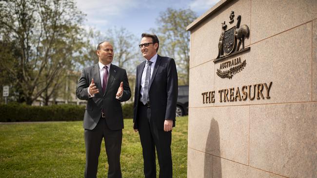 Treasurer Josh Frydenberg with Treasury secretary Steven Kennedy, who says the floods in NSW and Queensland will have an effect on economic growth. Picture: Sean Davey