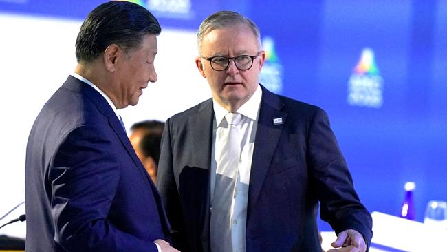 Chinese President Xi Jinping talks with Anthony Albanese during the APEC summit. Picture: Reuters