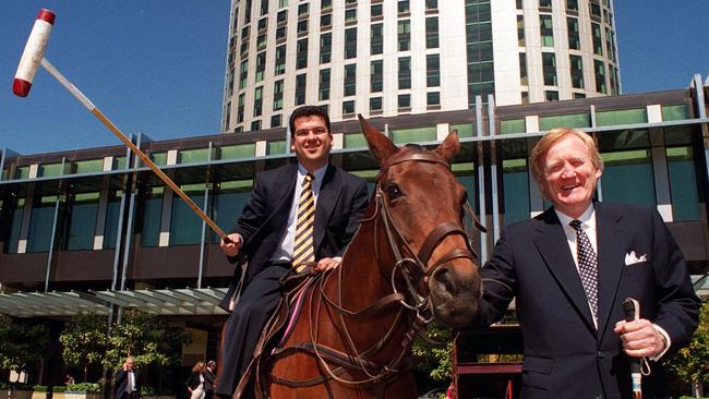 John Pandazopoulos and Ron Walker launching the 2000 world polo cup at the Crown. Picture: Alan Funnell.