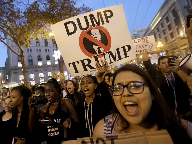 Protesters march in opposition of Donald Trump’s presidential election victory on November 9, 2016, in San Francisco. Picture: AP