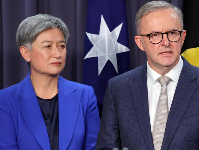 CANBERRA, AUSTRALIA - MAY 23: Prime Minister Anthony Albanese speaks next to newly appointed foreign minister Penny Wong during a press conference at Parliament House on May 23, 2022 in Canberra, Australia. Anthony Albanese was sworn in as Australia's 31st prime minister on Monday morning following his victory over Scott Morrison in the federal election on Saturday. (Photo by David Gray/Getty Images)