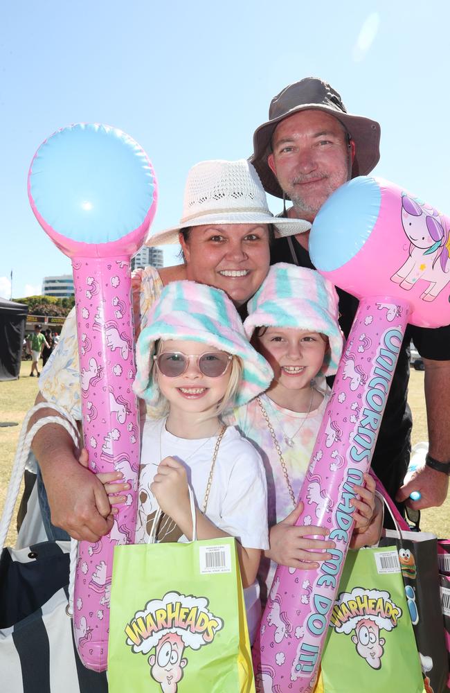 Huge crowds for the first day of the Gold Coast Show. Charlie Lazance, 7 with Holly and Damian Vanweezep and daughter Billie, 7. Picture: Glenn Hampson