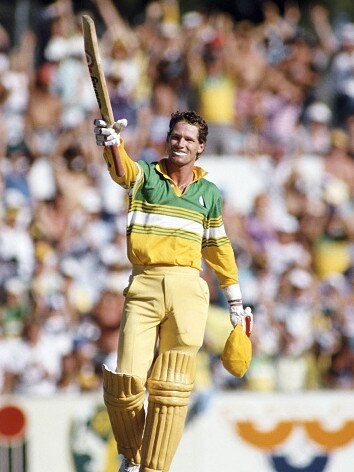 Dean Jones celebrates a One Day International century against Pakistan at the WACA on January 2, 1987.