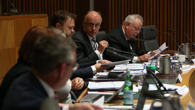 Senator Eric Abetz on the committee for Legal and Constitutional Affairs References Committee into Allegations concerning the inappropriate exercise of ministerial powers, with respect to the visa status of au pairs. Picture: Kym Smith