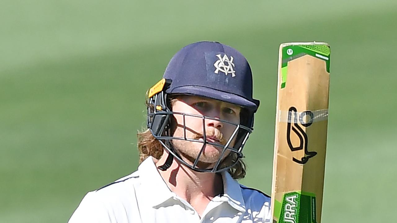 ADELAIDE, AUSTRALIA - FEBRUARY 10: Will Pucovski of the Bushrangers celebrates making his half century during day two of the Sheffield Shield match between South Australia and Victoria at Adelaide Oval, on February 10, 2022, in Adelaide, Australia. (Photo by Mark Brake/Getty Images)