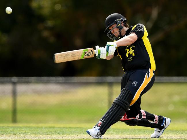 DaneÃHeverin of Mentone bats during the Cricket Southern Bayside match between Hampton and Mentone at Boss James Reserve, on October 28, 2023, in Melbourne, Australia. (Photo by Josh Chadwick)