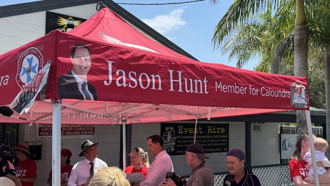 Jason Hunt’s tent at Caloundra pre-poll. Note the how-to-vote card taped over the parliamentary logo. Picture: Mackenzie Scott