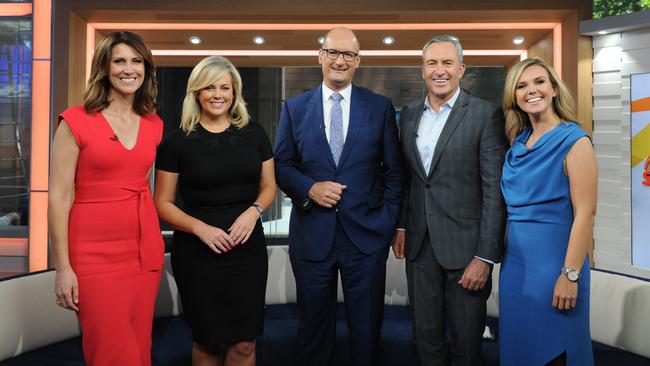 Eddie on the set of Sunrise with Natalie Barr, Sam Armytage, David Koch and Mark Beretta. Picture: Simon Bullard.