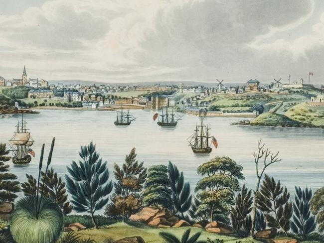 Joseph Lycett, North View of Sidney, New South Wales, 1824, hand coloured aquatint, 17.5 x 27.5cm. Collection: Ace Bourke. Featured in Hazelhurst Exhibition - Lines in the Sand. Pic supplied by Hazelhurst Regional Gallery & Arts Centre