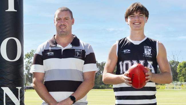 Ex-North Melbourne star Leigh Harding and former Brisbane Lions captain Tom Rockliff were now coaches at Iona College.Pictured with Archie Watts (right ) and Ben Lillico (left).