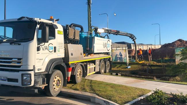 Special pumping trucks working at the site of a new state school where sewage will be trucked out of the site before the sewerage plant is built in 2025. Picture: Judith Kerr