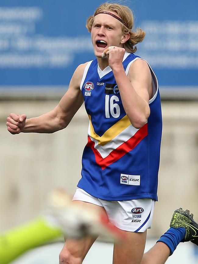 Jaidyn Stephenson celebrates a goal for Eastern Ranges in the TAC Cup.