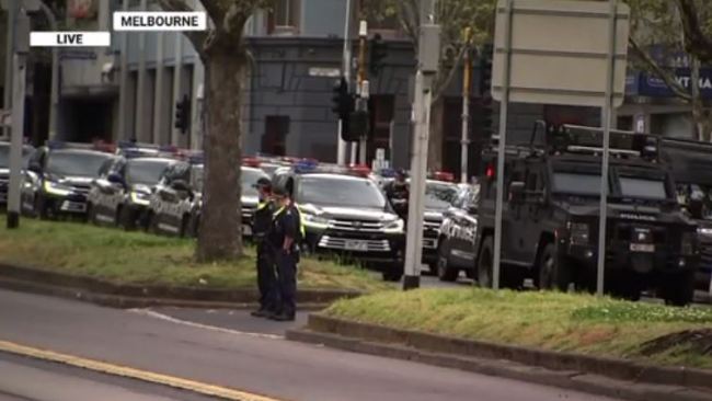 Dozens of police vehicles are seen in the Melbourne CBD on Friday. Picture: Sky News Australia