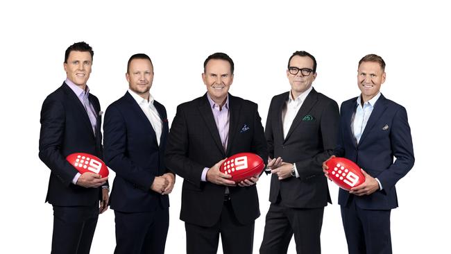 Matthew Lloyd, Nathan Brown, Tony Jones, Damian Barrett and Cornes on the Sunday Footy Show. Picture: Channel 9/Supplied