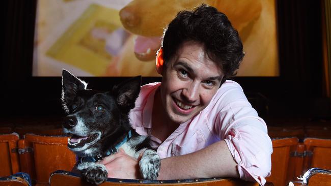 Astor Theatre assistant manager Tom Cushing with Riley who will be attending a dog-friendly movie session this weekend. Picture: Josie Hayden