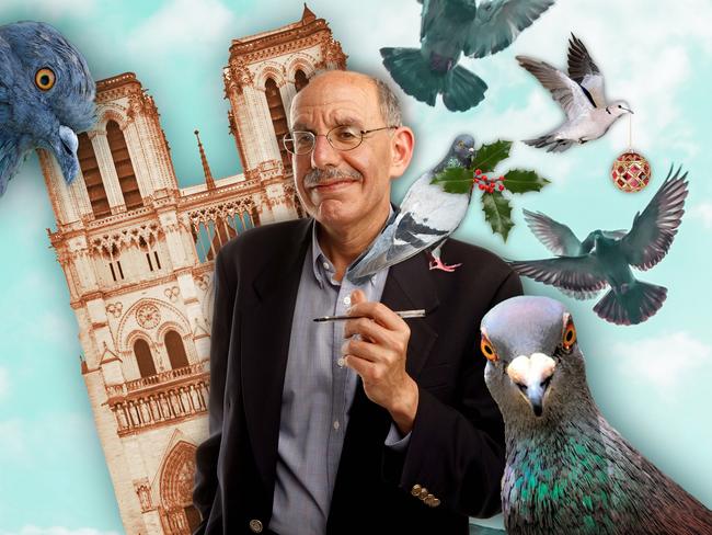 19 December 2024; A photo comp of Henry Ergas with pigeons and the Arc de Triomphe behind him on a green background. Artwork by Emilia Tortorella. Sources: supplied. Ratio 4:3.