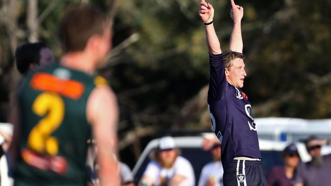 Seville’s Nathan O'Keefe celebrates a final-quarter goal in last year’s grand final. Picture: Stuart Milligan