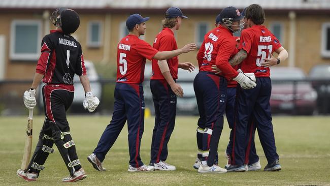 CSB: Shane Jefree celebrates the wicket of Lewis Mildenhall. Picture: Valeriu Campan