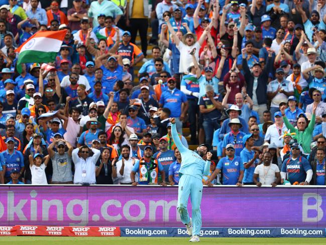 Substitute fielder James Vince of England celebrates taking a catch to dismiss Hardik Pandya of India off the bowling of Liam Plunkett. Picture: Michael Steele/Getty Images