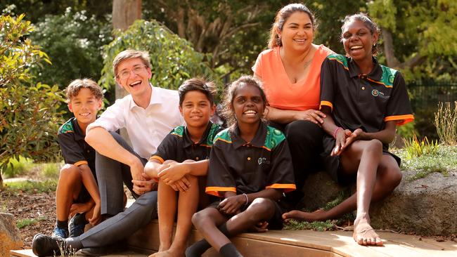 Melbourne Indigenous Transition School’s Edward Tudor and Lorraine Kaddindi White with students Tarkyn, left, Brayden, Denise and Marjorie. Picture: Stuart McEvoy.