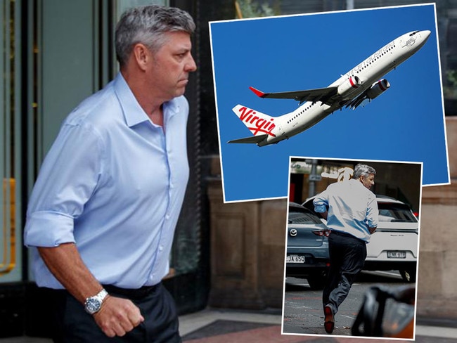 David Scott Cunningham (left and bottom right) leaves the Downing Centre Local Court on Tuesday. The Virgin Australia pilot returned a positive alcohol breath test hours before he was due to fly out of Melbourne in May last year. Picture: NCA NewsWire / Nikki Short