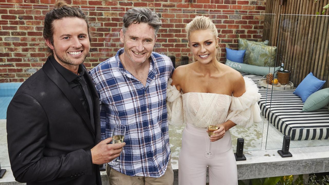 Hughesy with Josh and Elyse after purchasing their Block home. Picture: Channel NINE