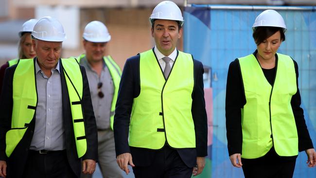 John Hanlon with Premier Steven Marshall and Georgina Vasilevski in 2018. Hanlon and Vasilevski are facing corruption charges. Picture: AAP / Kelly Barnes