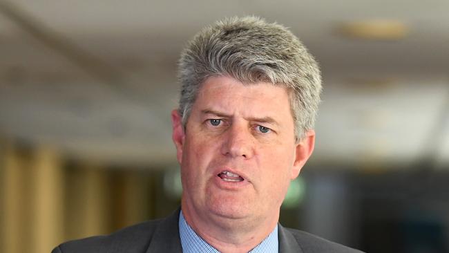 Newly announced Ipswich city council administrator Greg Chemello (right), and Local Government Minister Stirling Hinchliffe, attend a press conference at Parliament House in Brisbane, Wednesday, August 22, 2018. Mr Chemello, an executive of the Queensland government's land use and property development body, will take over the full role and responsibilities of the council after all of its members were sacked due to corruption and misconduct allegations. (AAP Image/Dan Peled) NO ARCHIVING