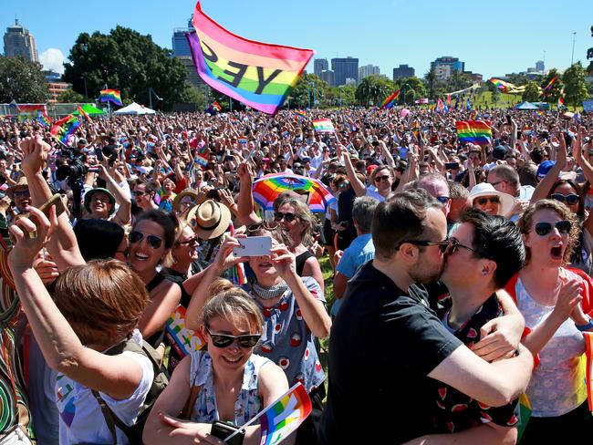 Marriage Equality supporters gather at Prince Alfred Park in Surry Hills ahead of the plebiscite announcement. Supporters react to the Yes announcement. Picture: Toby Zerna