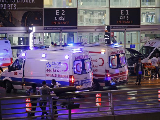 Turkish rescue services gather outside Istanbul's Ataturk airport. Picture: AP Photo/Emrah Gure