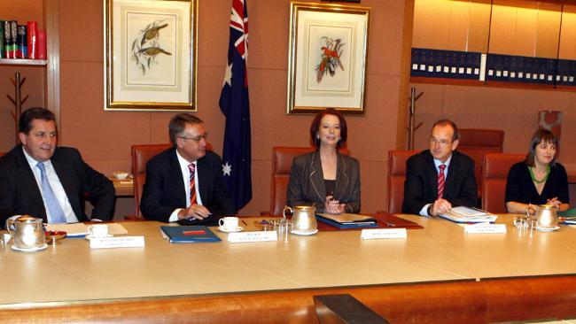 Julia Gillard presides over her first cabinet meeting as Prime Minister with, from left, Chris Evans, Wayne Swan, Joe Ludwig and Nicola Roxon. Picture: Ray Strange