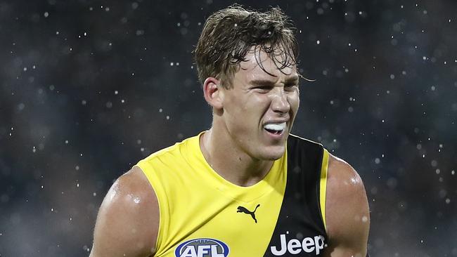 ADELAIDE, AUSTRALIA - OCTOBER 16: Tom J. Lynch of the Tigers looks on as rain falls during the AFL First Preliminary Final match between the Port Adelaide Power and Richmond Tigers at Adelaide Oval on October 16, 2020 in Adelaide, Australia. (Photo by Ryan Pierse/Getty Images)