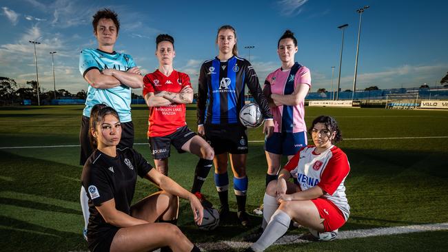 Penny Wouters (Salisbury Div1), Kiara Fragumeli (Adelaide University), Laura Stockdale (Metro United), Chantelle Ryder (Salisbury Inter), Georgie Vivian (Seymour) and Georgie Athanasiou (Croydon), ahead of their cup final matches on Sunday. Picture: Tom Huntley