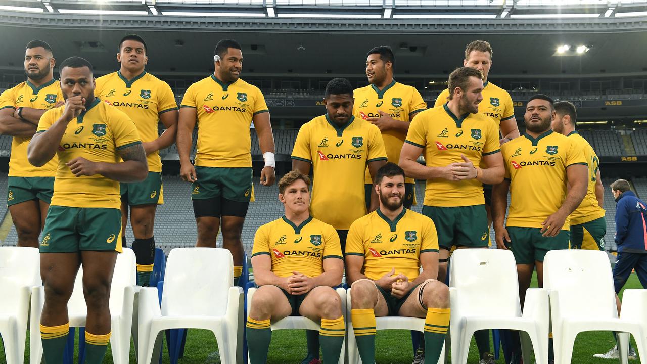 Wallabies captain Michael Hooper and Liam Wright sit for a photo at Eden Park.