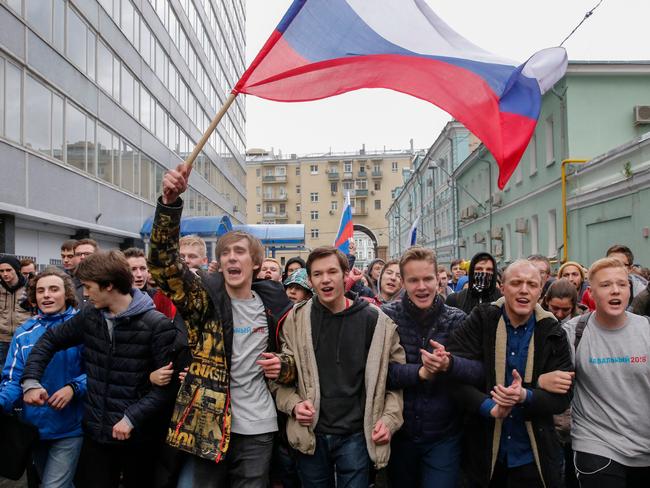 Demonstrators attend an unauthorised anti-Kremlin rally called by opposition leader Alexei Navalny in downtown Moscow earlier this month with many Russians unhappy at Putin’s policies. Picture: Maxim Zmeyev/AFP