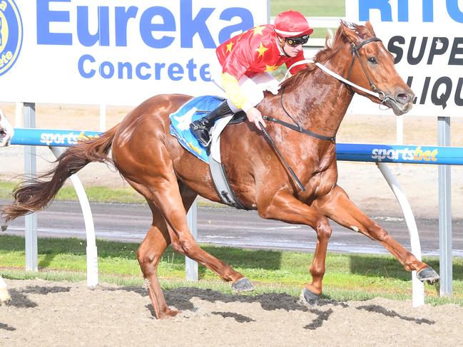 Zequel ridden by Jack Hill wins the Whitford Liquid Waste 3YO Maiden Plate at Sportsbet-Ballarat Synthetic Racecourse on June 23, 2023 in Ballarat, Australia. (Photo by Pat Scala/Racing Photos)