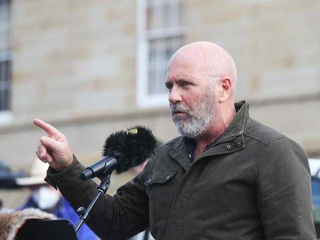 Richard Flanagan speaks at a Stop the Stadium rally on parliament lawns Hobart. Picture: Nikki Davis-Jones