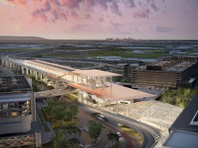 A render of the Melbourne airport station as part of the Melbourne airport rail link.