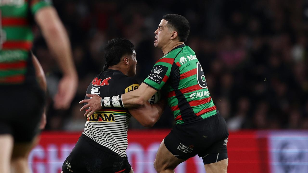 SYDNEY, AUSTRALIA - SEPTEMBER 24: Cody Walker of the Rabbitohs misses a tackle on Brian To'o of the Panthers during the NRL Preliminary Final match between the Penrith Panthers and the South Sydney Rabbitohs at Accor Stadium on September 24, 2022 in Sydney, Australia. (Photo by Matt King/Getty Images)