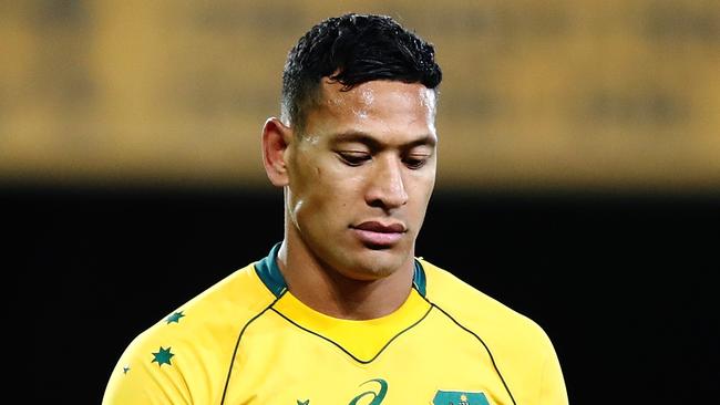 DUNEDIN, NEW ZEALAND - AUGUST 26:  Israel Folau of the Wallabies looks on during The Rugby Championship Bledisloe Cup match between the New Zealand All Blacks and the Australia Wallabies at Forsyth Barr Stadium on August 26, 2017 in Dunedin, New Zealand.  (Photo by Hannah Peters/Getty Images)