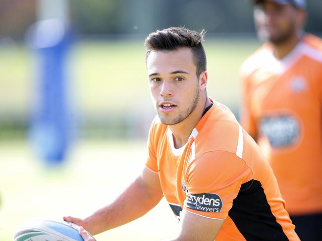 Half Luke Brooks in camp with the West Tigers at Nelson Bay. Picture by Peter Lorimer.