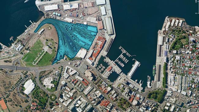 A satellite image of Macquarie Point in Hobart.