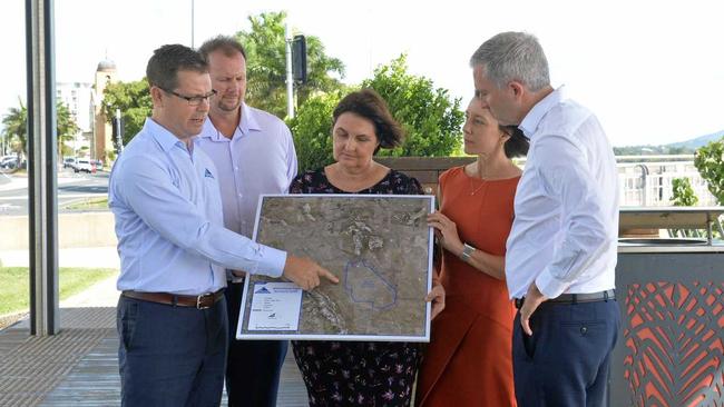 NEW PLAYER: Whitehaven's Todd Harrington, Capricornia candidate Russell Robertson, Mackay MP Julieanne Gilbert, Dawson candidate Belinda Hassan and Queensland Senator Anthony Chisholm talk about the new mine at Winchester South. Picture: Caitlan Charles