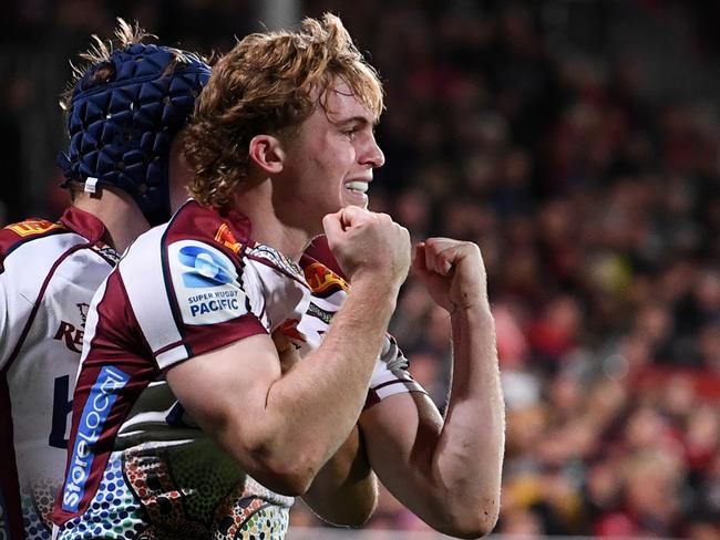 CHRISTCHURCH, NEW ZEALAND - MAY 4: Tim Ryan of the Reds celebrates after scoring a try during the round 11 Super Rugby Pacific match between the Crusaders and Queensland Reds at Apollo Projects Stadium, on May 4, 2024, in Christchurch, New Zealand. (Photo by Kai Schwoerer/Getty Images)